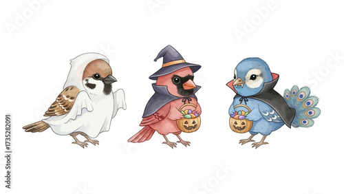 Spooky Bird Brigade: A trio of adorable, costumed birds eagerly await a night of trick-or-treating, each with its own festive costume, ready for spooky fun.