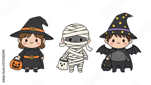 Halloween Character Trio: Three adorable Halloween characters, dressed as a witch, mummy, and bat, stand side-by-side, with bright and cheerful vibes. 