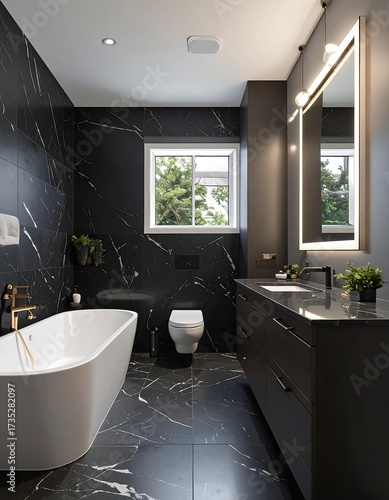 Modern bathroom with dark marble, freestanding tub, and double vanity