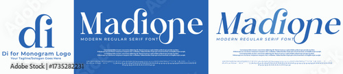 Madiona Fashion Serif Stylish Display Bold Font alphabet with Di Logo