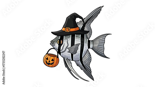 Fish in Halloween: A whimsical illustration of an angelfish, adorned with a witch's hat and a pumpkin candy bag. This image blends the charm of marine life with the festive spirit of Halloween. 