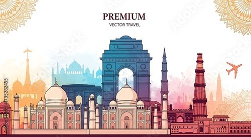 India skyline vector illustration with famous monuments. Travel concept.