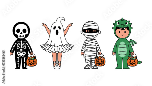 Costumed Characters in Halloween: A collection of delightful children dressed in their unique costumes celebrating the enchanting spirit of Halloween. The playful costumes, with their vibrant colors.