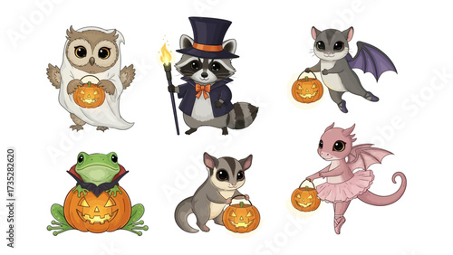 Spooky Halloween Animals Gathering: A whimsical illustration showcasing an assortment of adorable animals prepared for Halloween, carrying lit jack-o-lanterns. Perfect for children-themed projects.