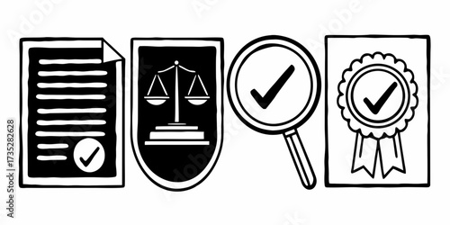 Black and white legal compliance symbols including document scales magnifying glass and award badge
