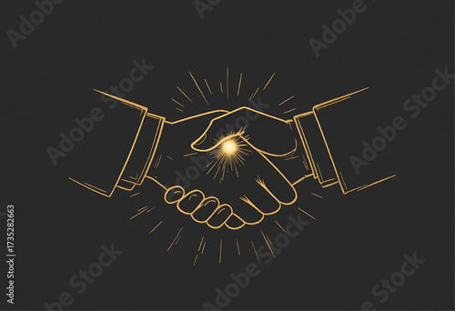 Elegant glowing handshake illustration representing trust, collaboration, business deal, success, and professional partnership concept.