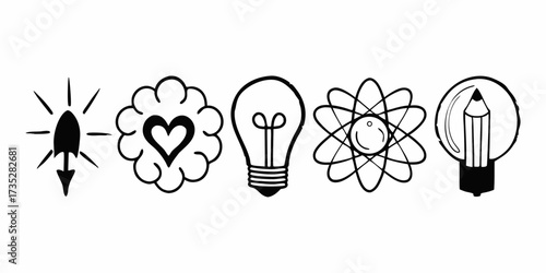 Illustration of five black and white icons including a lightbulb and a heart shaped cloud design