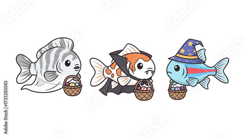 Aquatic Halloween Trio: Three enchanting fish, dressed in spooky costumes, embark on a delightful trick-or-treating adventure with playful allure