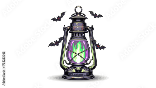 Spooky Halloween Lantern: A vintage lantern with eerie green flames and dark, ominous bats dancing around, evoking a chilling ambiance in this illustration.