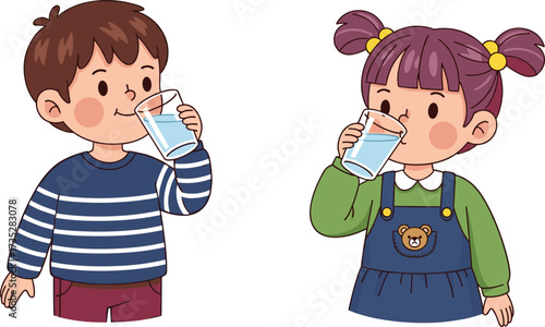 Cartoon children drinking water with happy expressions, boy and girl holding glasses, colorful vector promoting hydration and healthy lifestyle habits