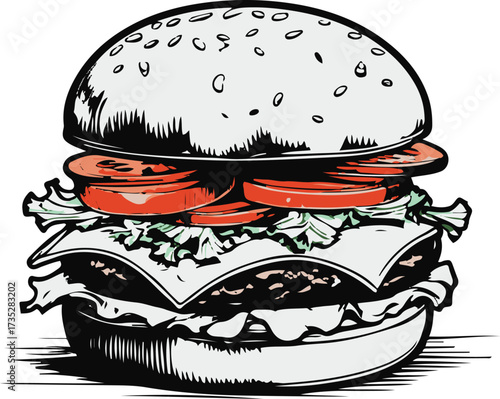 Elegant line art of burger with layered toppings 1