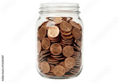 Full glass jar packed tightly with numerous us pennies isolated on transparent background