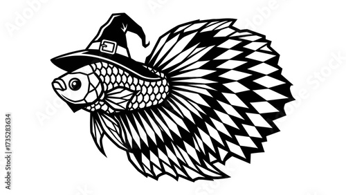 Enchanting Betta Fish in a Witch Hat: An intricate, artistic rendering of a Betta fish adorned with a pointed witch's hat. The monochromatic palette adds a touch of whimsy and mystery.