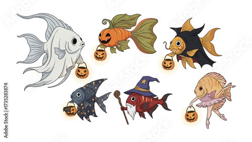 Spooky Marine Life: A whimsical illustration of sea creatures celebrating the spooky season, decked out in festive costumes and carrying miniature pumpkin lanterns. 