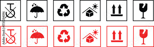 Set of fragile shipping or packaging icons, Marking the box or packaging of products., sticker, illustration, keep dry recycle icons, illustration,
