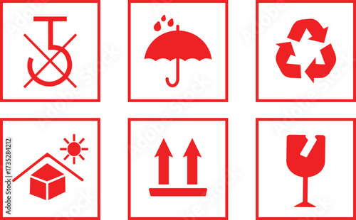 Set of fragile shipping or packaging icons, Marking the box or packaging of products., sticker, illustration, keep dry recycle icons, illustration,
