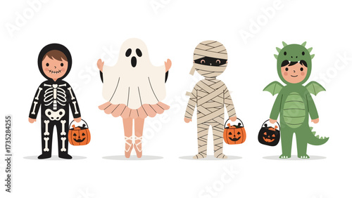 Whimsical Halloween Parade: Four costumed children radiate Halloween joy, each character uniquely designed to evoke the enchantment of trick-or-treating season, capturing innocence and festive fun.