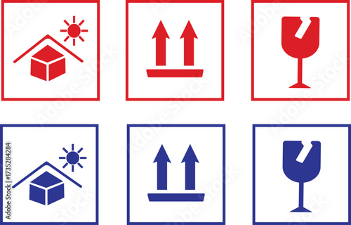 shipping, packaging, warning, symbol label icon, Marking the box or packaging of products., sticker, illustration, Fragile box, keep dry umbrella ,shipping  on white background,
