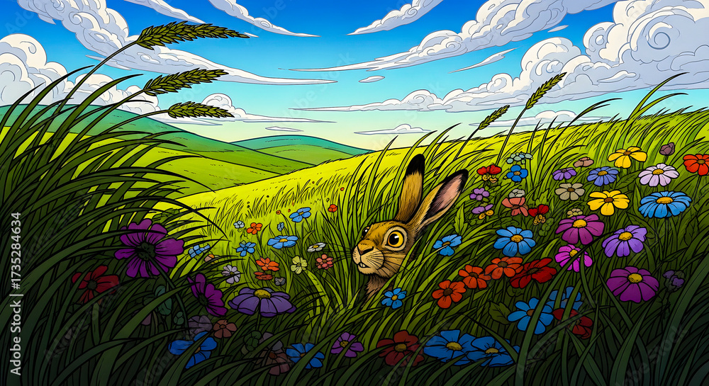 Obraz premium Rabbit hiding in a vibrant meadow filled with colorful wildflowers under a bright blue sky with fluffy white clouds