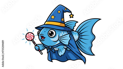 Magical fish with sorcery: A charming illustration featuring a mystical fish, clad in a wizard's hat and cloak, wielding a magical wand. Capturing the essence of fantasy, imagination, and wonder.