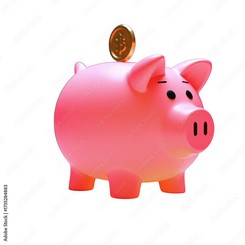Obraz premium Piggy bank, rendered in pink, with a gold coin about to be inserted on a clean black background, representing savings, finance, wealth, and financial planning in a minimalist composition.