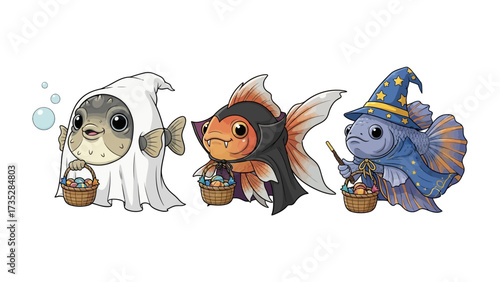 Fishy Halloween Parade: Three aquatic creatures dressed in charming costumes and carrying festive baskets prepare for Halloween fun. A whimsical and cheerful scene.
