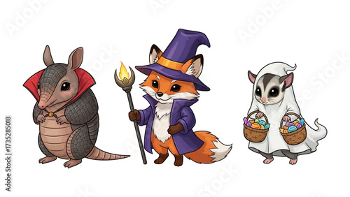 Whimsical Halloween Animals: A charming trio of anthropomorphic animals in whimsical Halloween costumes, ready for trick-or-treating or a spooky adventure. 