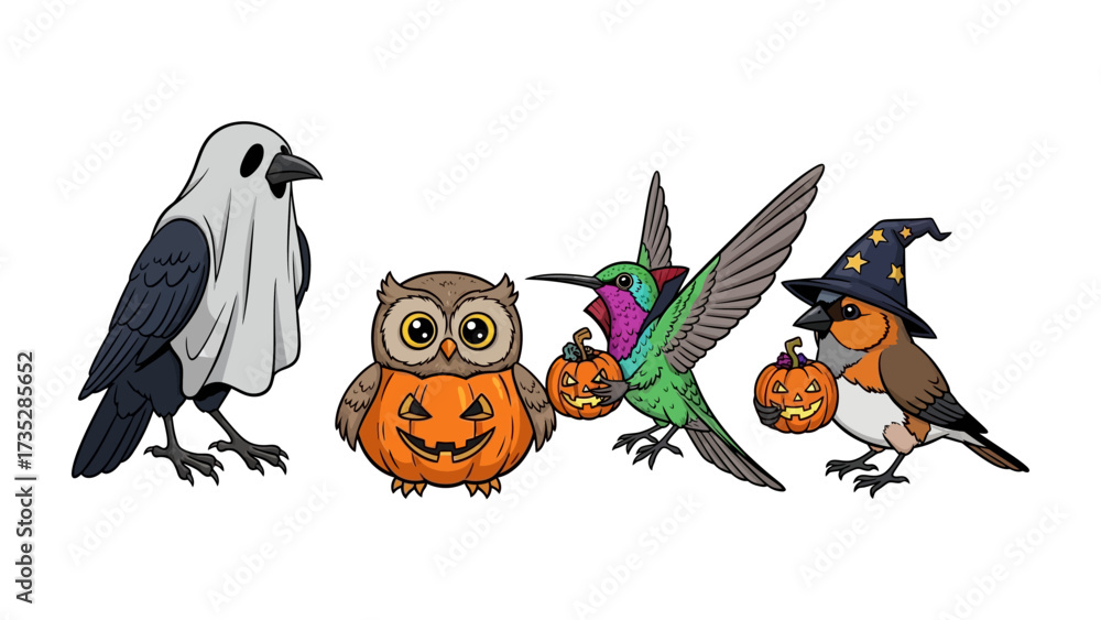 Fototapeta premium Spooky Halloween Birds: A delightful collection of animated birds, each embracing the spirit of Halloween with unique costumes and festive props.