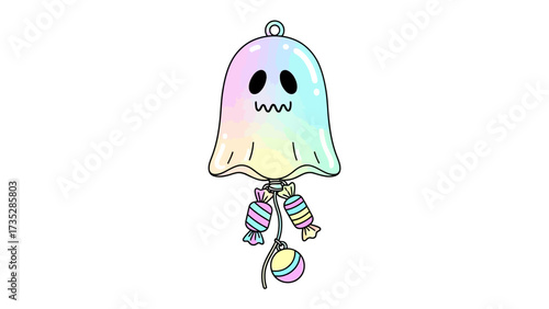 Festive Ghostly Charm with Candy: A whimsical, colorful illustration of a ghost-shaped charm, festooned with sweets, exuding joy and delight, perfect for holiday and celebration themes.