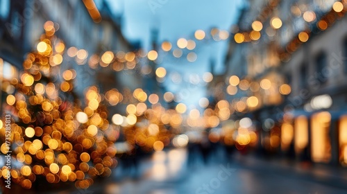 Blurred bokeh of golden Christmas lights hanging over a city street. Capturing the warm, cozy, and festive holiday mood.