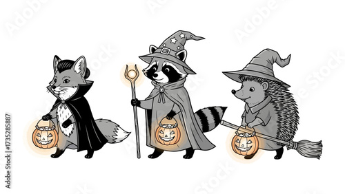 Halloween Trio: A charming monochromatic illustration features a sly fox, a clever raccoon, and a prickly hedgehog, each donned in Halloween attire, ready for a night of trick-or-treating. 