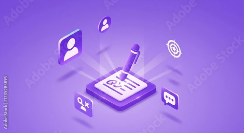 Isometric illustration of a document with a pen, surrounded by icons representing various concepts.