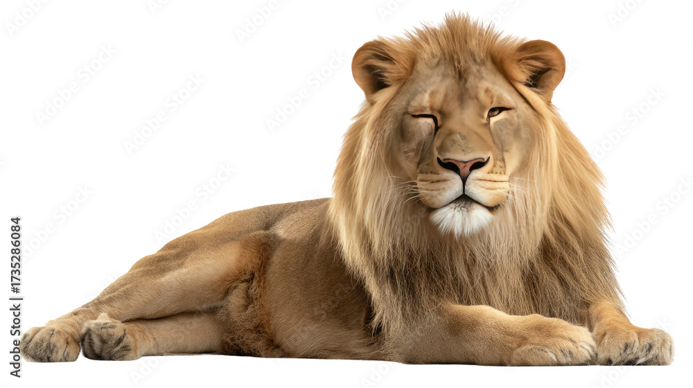Obraz premium Majestic Lion's Serenity: The King of the Jungle rests peacefully, his eyes closed as he basks in a moment of quiet solitude. Its golden mane is a crown, and its posture conveys strength and serenity.