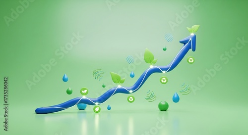 A blue arrow, decorated with leaves and water droplets, ascends against a green backdrop, symbolizing growth and sustainability.