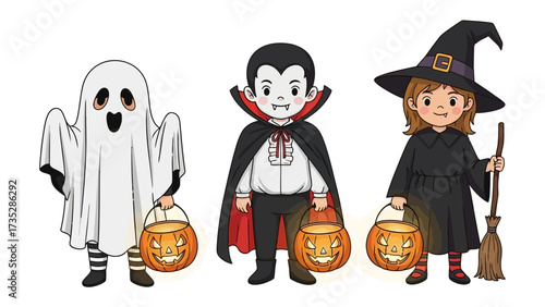 Halloween trio: A charming collection of Halloween characters, including a friendly ghost, a dapper vampire, and a playful witch, each carrying a glowing jack-o'-lantern for trick or treat.