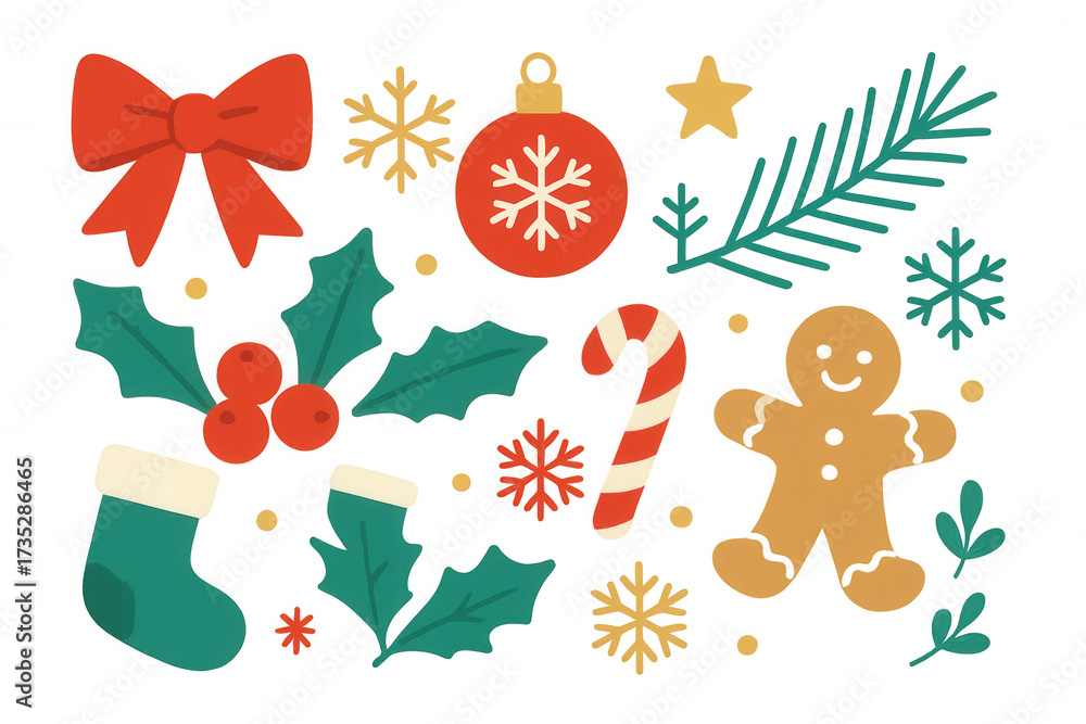 Naklejka premium Christmas holiday decoration set with gingerbread man, candy cane, holly, bow, ornament, pine branch, transparent background