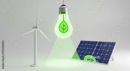 Wind turbine, solar panel, and a light bulb with a leaf symbol, representing renewable energy sources.