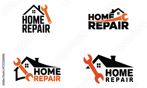 Home repair logo set with house and wrench tool design for construction business
