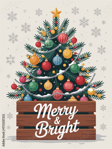 Whimsical Christmas card with hand-drawn tree in rustic crate, vintage ornaments, silver garland, snow, “Merry & Bright” text, festive nostalgic flat vector holiday greeting design