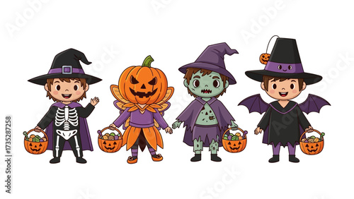 Halloween Costume Parade: a playful illustration showcasing a delightful group of children in vibrant Halloween costumes.