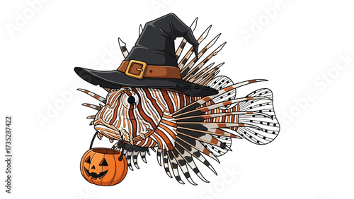 Halloween Lionfish: This captivating illustration depicts a lionfish wearing a witch's hat and carrying a pumpkin bucket, perfectly capturing the spooky spirit of Halloween.