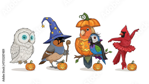 Halloween Birds Parade: A whimsical assortment of birds, each adorned in unique Halloween costumes and accessories, stand ready for a delightful trick-or-treat night, all lined up ready to celebrate.