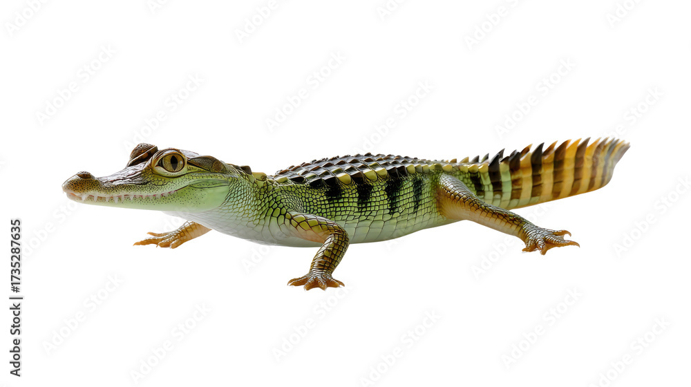 Naklejka premium Spectacular Caiman on the Move: A striking image of a caiman captured in meticulous detail, showcasing its textured scales and captivating eye, ready to seize its surroundings.