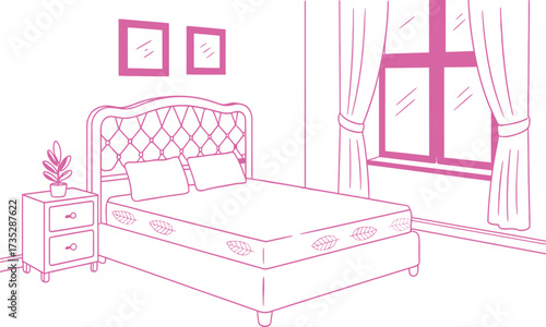 Pink bedroom interior illustration with bed window curtain and furniture design
