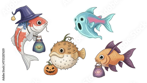 Halloween Aquatic Fantasy: A whimsical and imaginative illustration of diverse marine creatures adorned in festive Halloween costumes, evoking a sense of fun and creativity in the underwater realm.