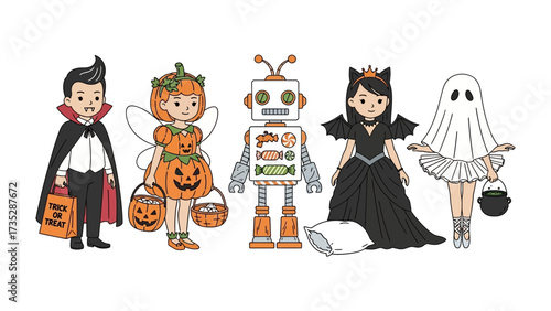 Halloween Costumes Illustration: An inviting illustrations showcasing an assortment of whimsical and creatively designed Halloween costumes, capturing the charm and excitement of the holiday.