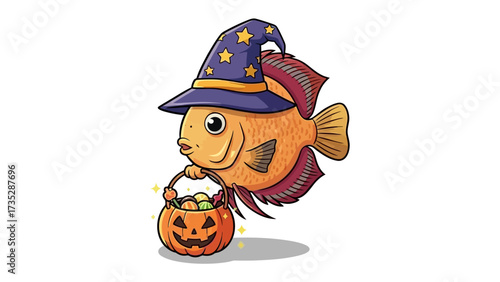 A Spooky Aquatic Visitor: A playful, cartoon illustration depicts a whimsical fish, dressed in a witch's hat, playfully carrying a pumpkin bucket filled with treats.