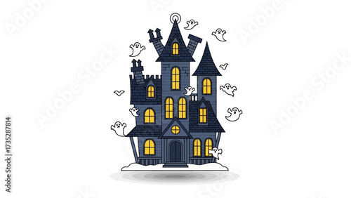 Spooky Mansion: An artistically rendered spooky mansion stands amidst a whimsical display of ghosts, ideal for adding a touch of Halloween magic to any project.