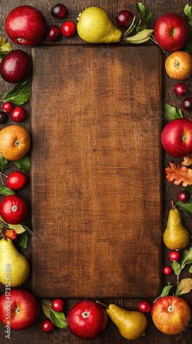 Thanksgiving wooden sign background with apples pears and autumn leaves creates festive and rustic seasonal atmosphere for celebration