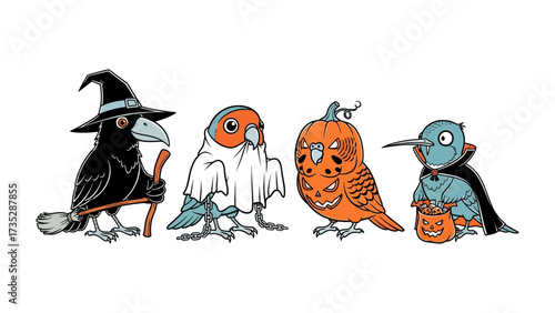 Spooky Feathered Friends: A delightful illustration captures four festive birds dressed in charming Halloween costumes. The avian ensemble, perfectly embodies the spirit of the holiday with witch.